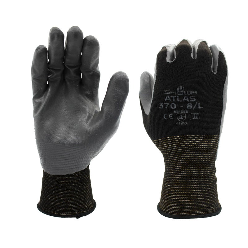 SHOWA Atlas 370 Nitrile Palm Coated General Purpose Work Gloves with Nylon Liner, Black, Large (12 Pair) - Image 1
